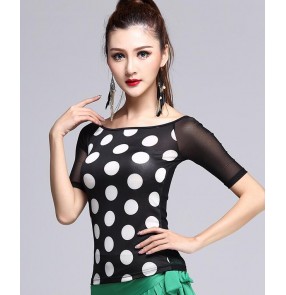 White polka dot black short sleeves round neck mesh back women's ladies female  competition performance professional latin salsa dance tops blouses